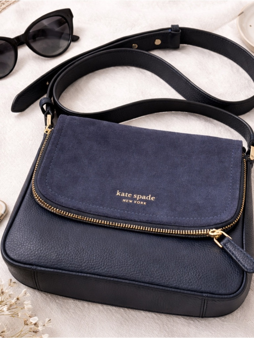 Kate Spade New York Crossbody Bag Navy Suede Leather Flap Zip Purse Gold Hardwa